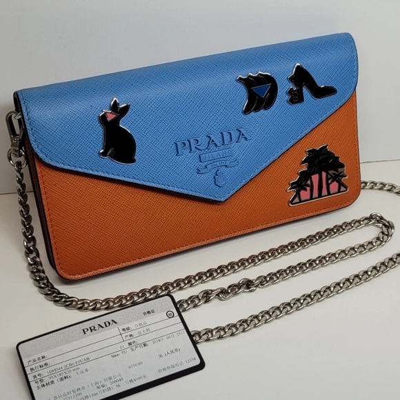 Prada Handbags - PRADA Saffiano Leather Wallet on Chain with Charms Blue/Orange